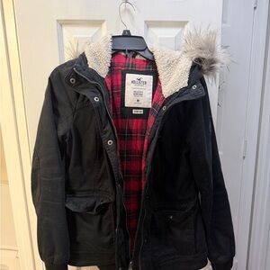 Hollister Black Jacket with Red Plaid Interior